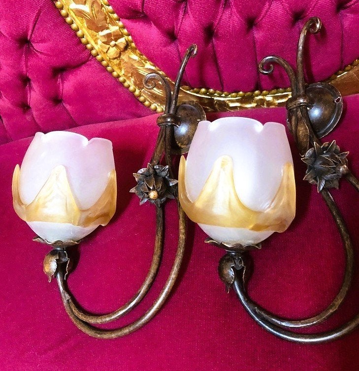 2 Wandlampen klassiek art deco messing brons, dikke kap glas, Glas, Overige fittingen, Ophalen of Verzenden, Overige kleuren