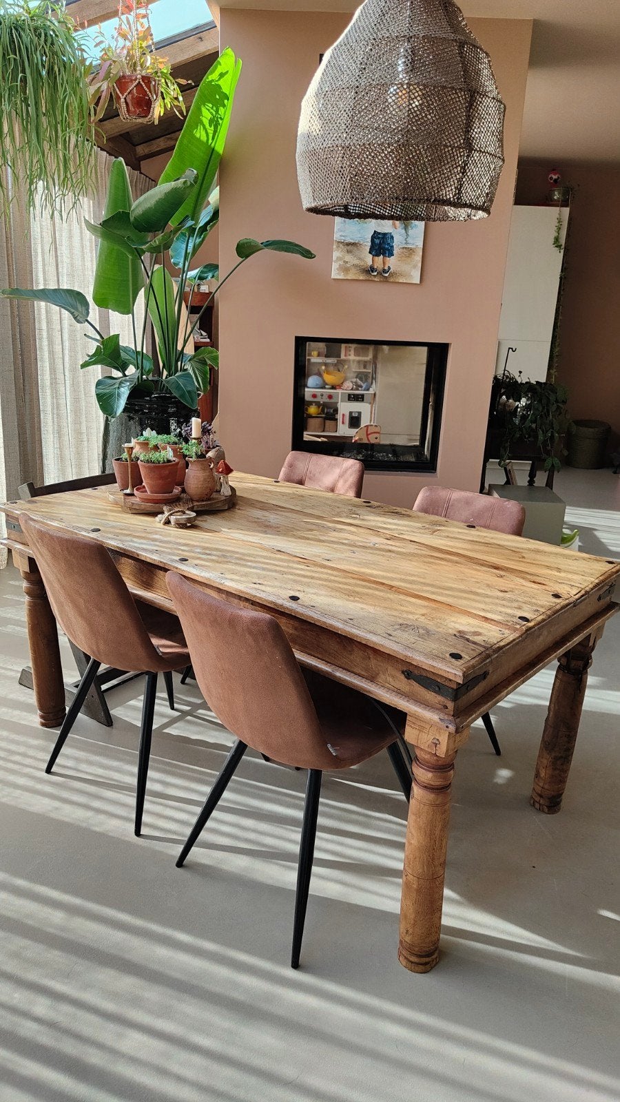 Indonesië houten eettafel 165 lang, Ophalen, Rustiek, Vintage, Gebruikt, 50 tot 100 cm