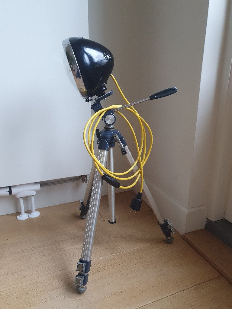 vloerlamp vintage statief tripod oldtimer koplamp, Gebruikt, Metaal, 150 tot 200 cm, E27 (groot)