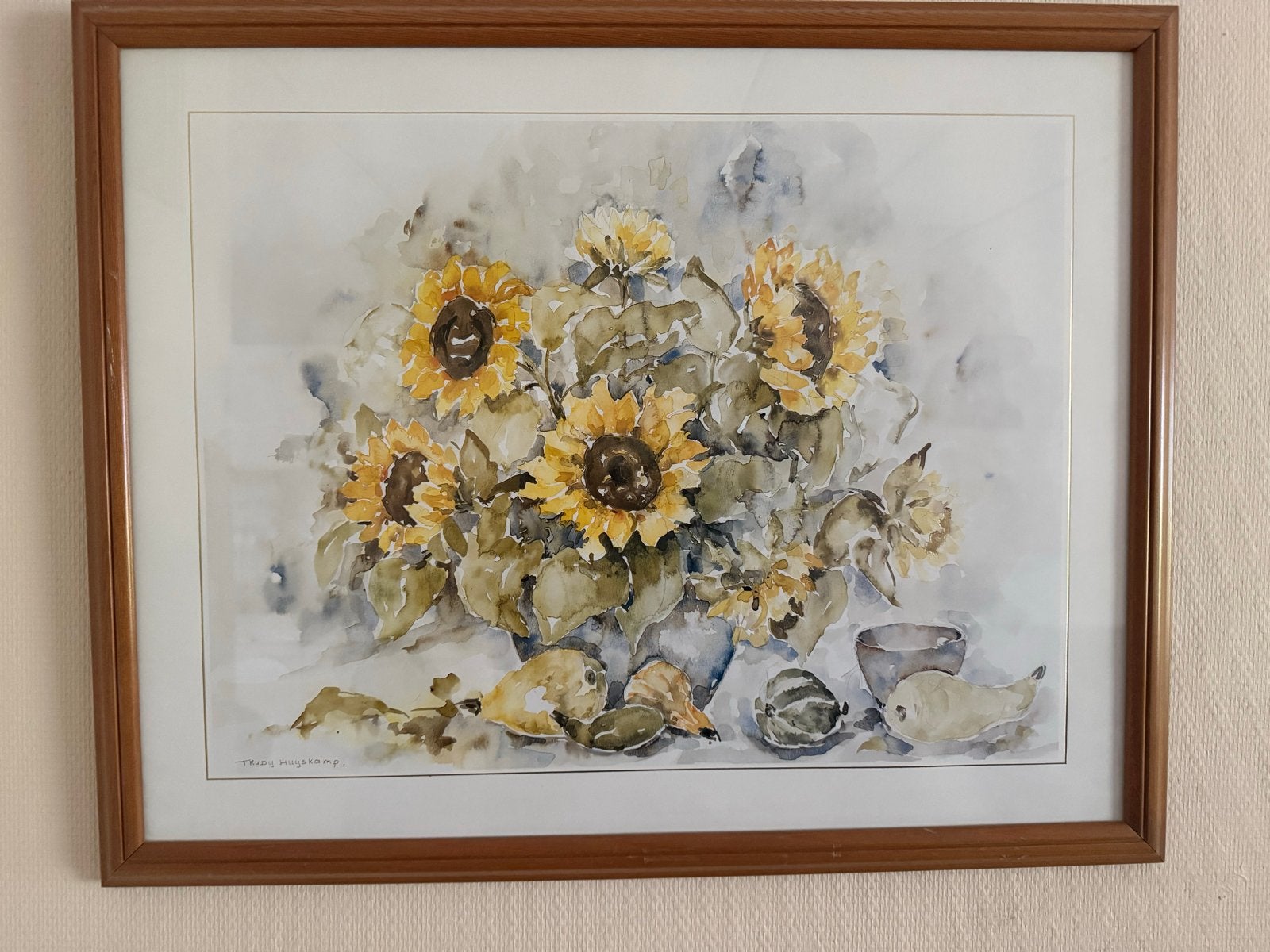 Aquarel Zonnebloemen - Trudy Huyskamp, Realistisch, Aquarel, Papier, Ophalen