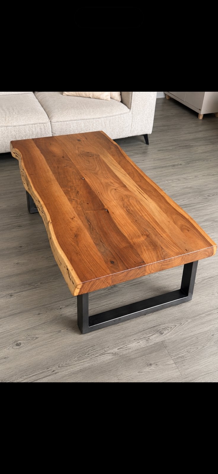 Salontafel industrieel u poot massief boomstamblad, Ophalen, Zo goed als nieuw, Rechthoekig, 200 cm of meer