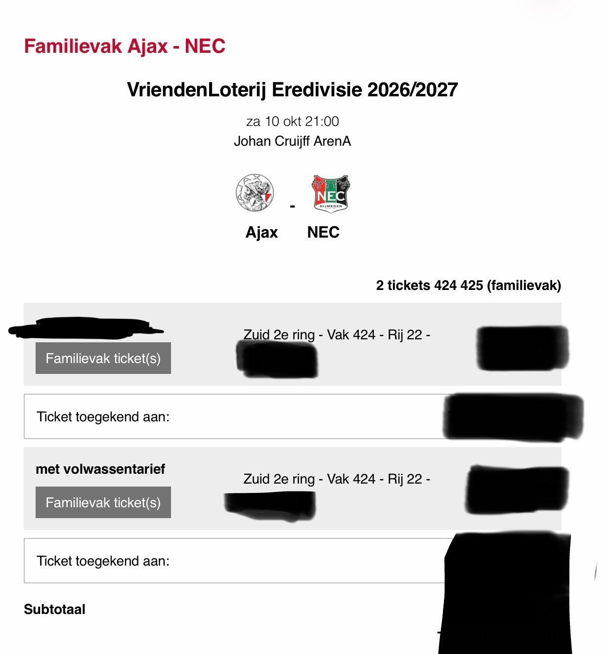 2 kaarten naast elkaar voor Ajax nec fside jublieum!!!, Tickets en Kaartjes, Twee personen