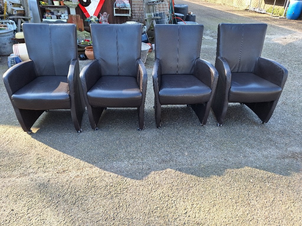 4 kuipstoelen op wieltjes, Ophalen, Bruin, Kuipstoelen, Leer