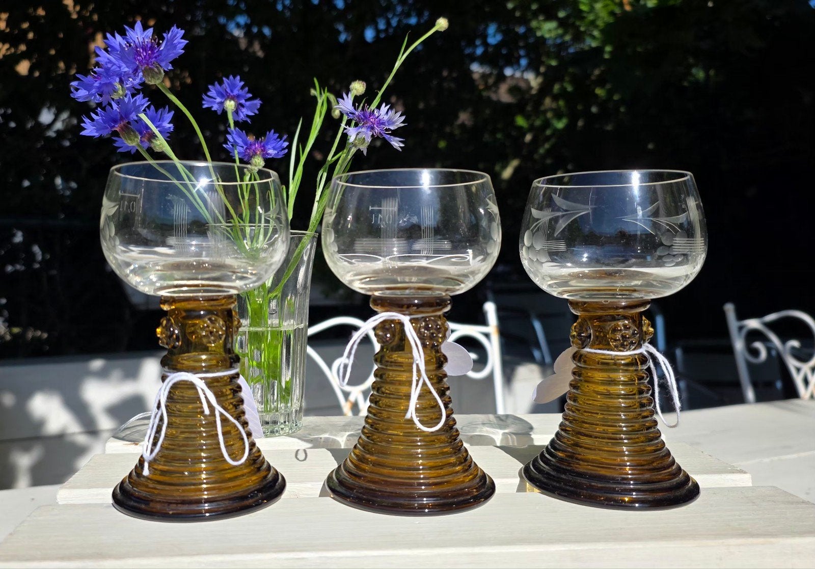 Set van 3 Vintage Moezelglazen met Bruine Voet - H 13 B 6, Ophalen of Verzenden