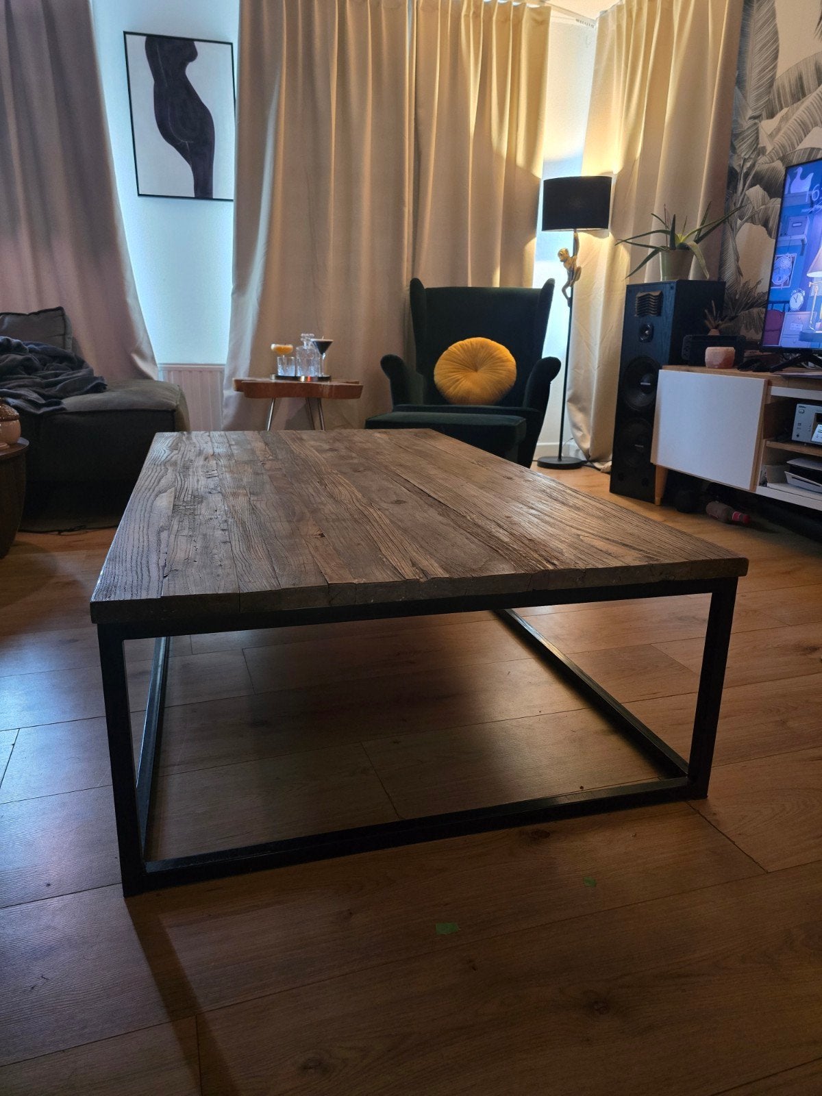 Grote industriële salontafel massief hout en staal, Overige houtsoorten, Gebruikt, 150 tot 200 cm, Industrieel