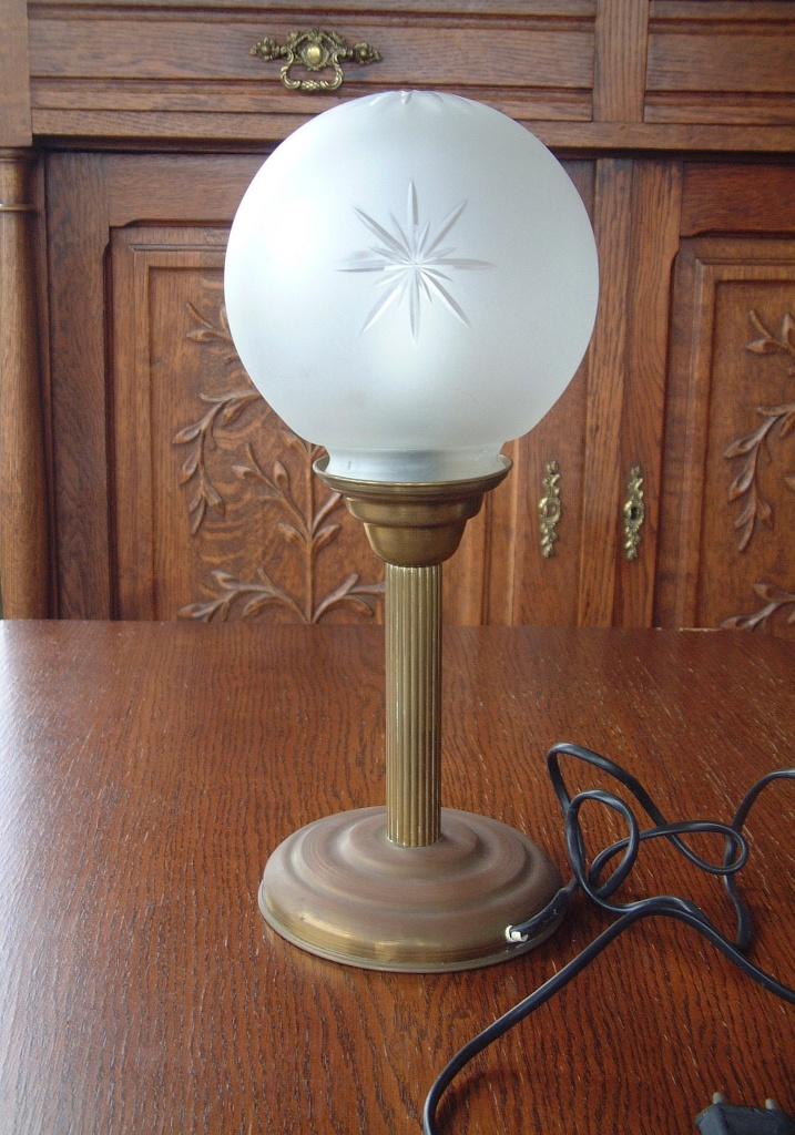 antieke lamp koperen poot mat glas sterren bol kap, Antiek en Kunst, Ophalen of Verzenden