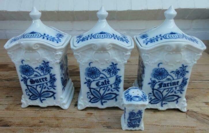 3 Franstalige Zwiebelmuster voorraadpotten + peper strooier, Antiek en Kunst, Ophalen of Verzenden