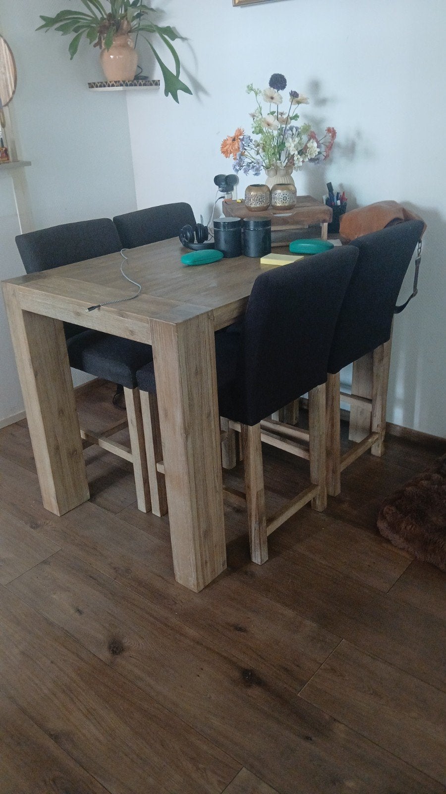 Eethoek (hoge)met 4 stoelen met antraciet stoffen bekleding, Ophalen, Gebruikt