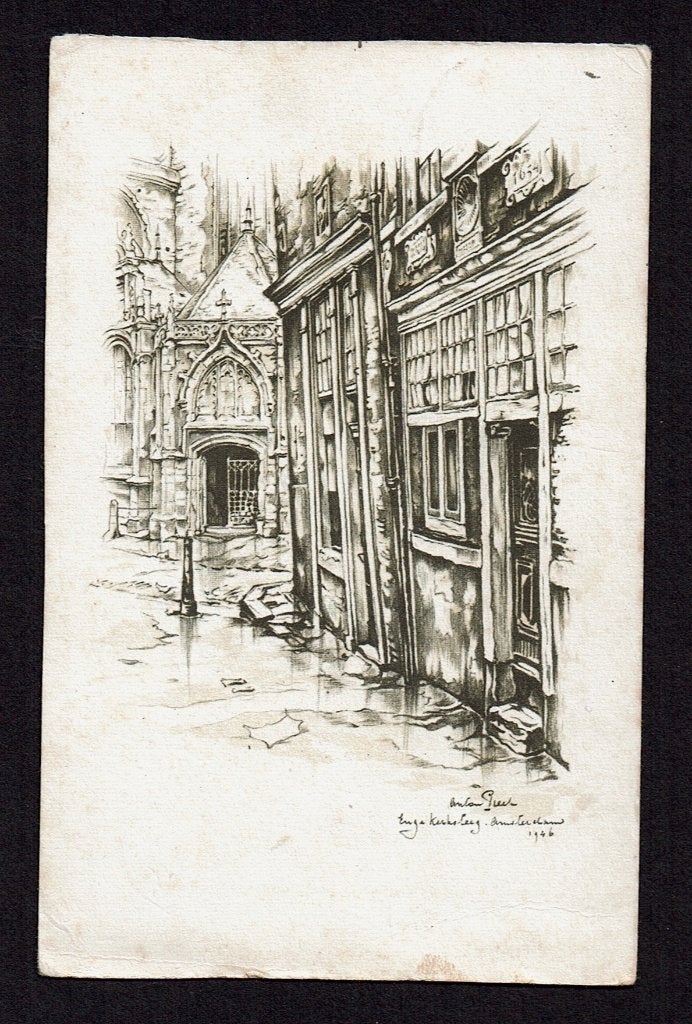 Anton Pieck - Enge Kerksteeg Amsterdam 1949, Antiek en Kunst, Realistisch, Ophalen of Verzenden, Tekening, Gedateerd