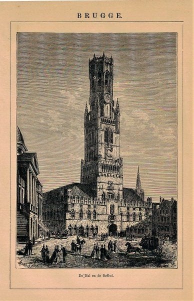 Antieke Prent Brugge (België) - De Hal en de Belfroi - 1906, Ophalen, Gebruikt, Gebouw, Voor 1940