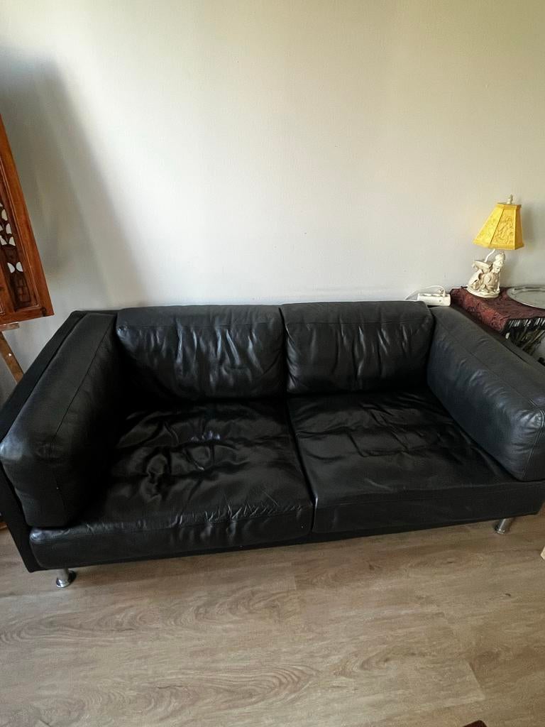 Zwarte leren tweezitsbank, Ophalen, Gebruikt, 150 tot 200 cm, Tweepersoons