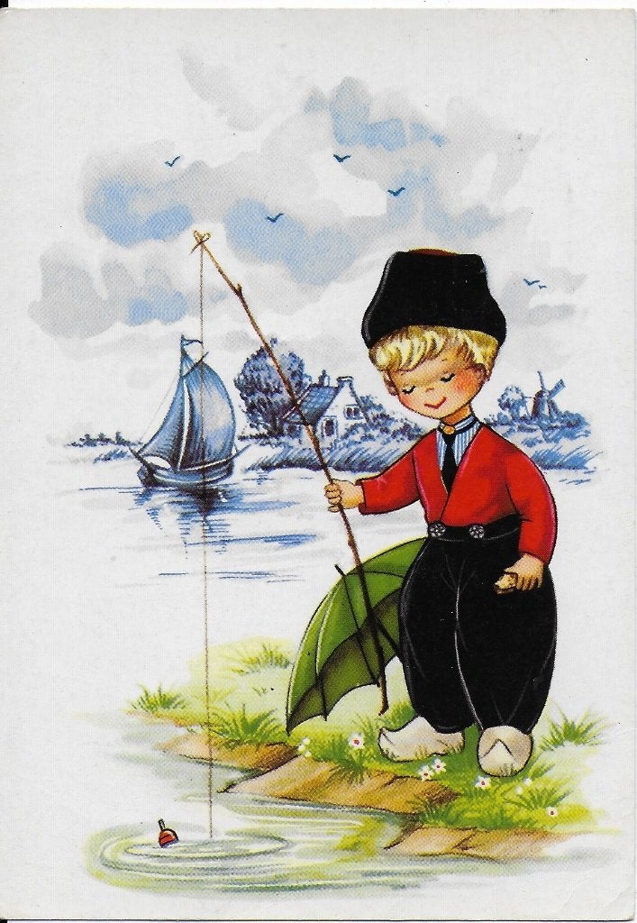 A7 gelopen ansichtkaart vissend hollands boertje, Ophalen of Verzenden, 1980 tot heden, Gelopen