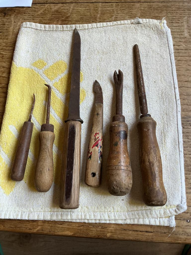 Set van 6 Vintage Gereedschappen met Houten Handvatten, Antiek en Kunst, Antiek | Gereedschap en Instrumenten, Ophalen of Verzenden