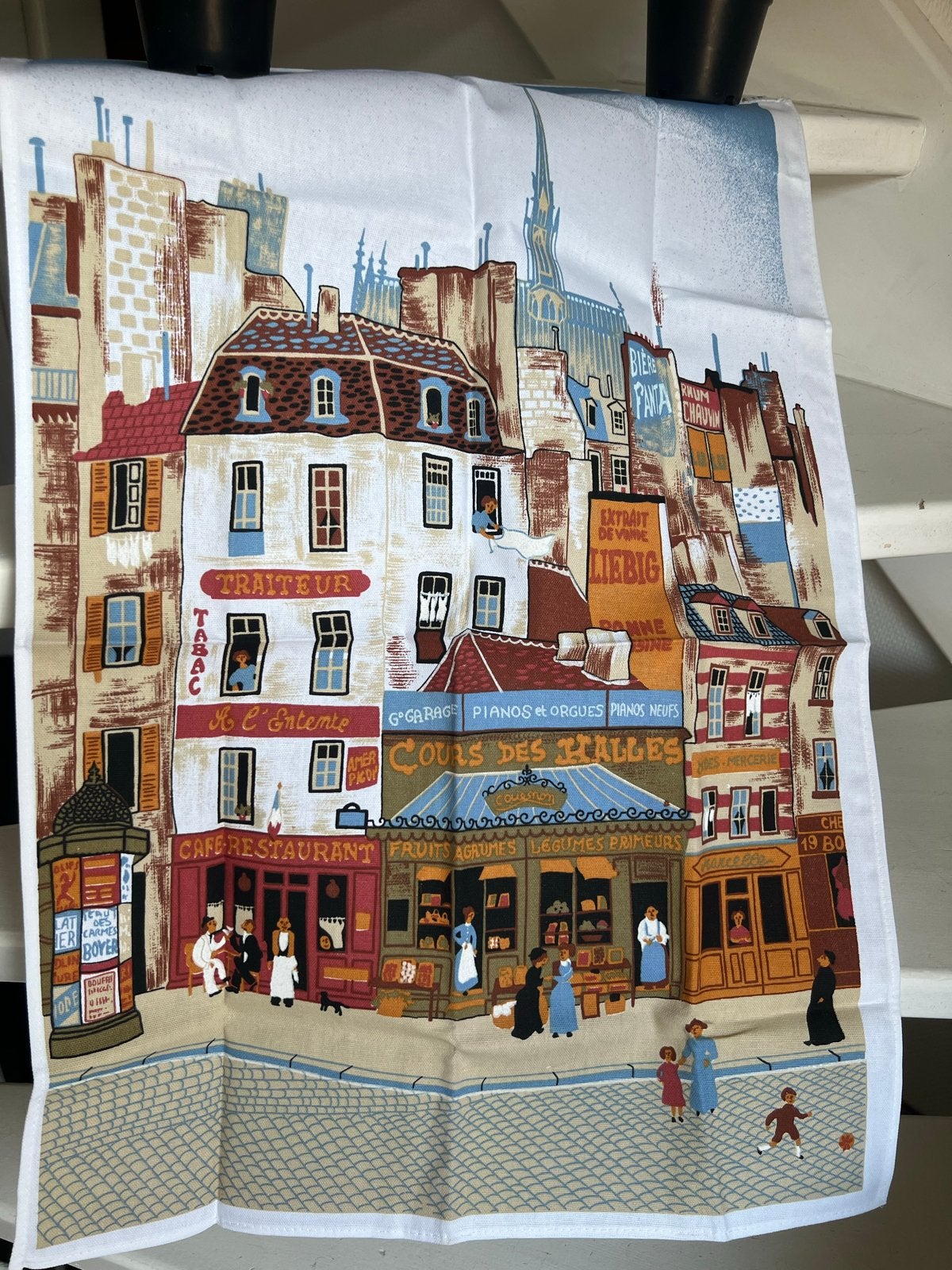 Vintage theedoek Parijs straatbeeld katoen Made in Italy, Katoen, Meerkleurig, Wasbaar, Zo goed als nieuw