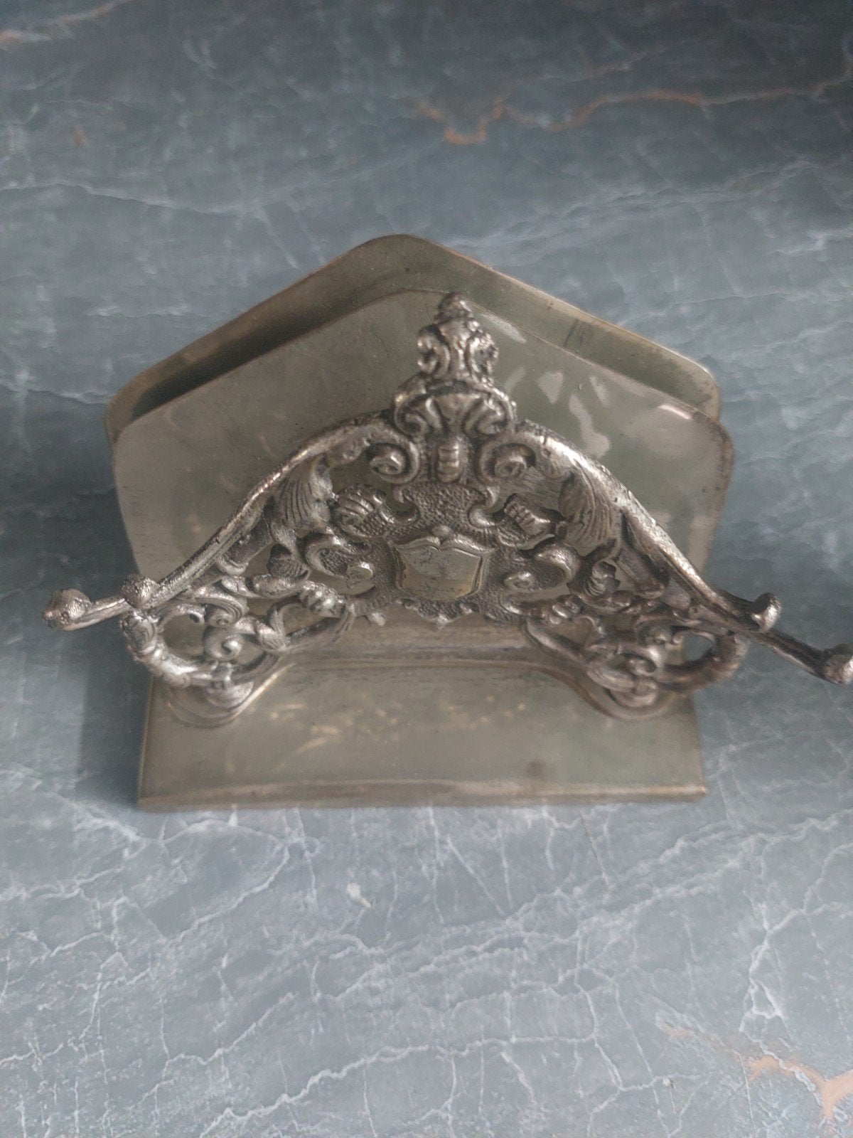 Antieke verzilverde servethouder met wapenschild, Ophalen of Verzenden