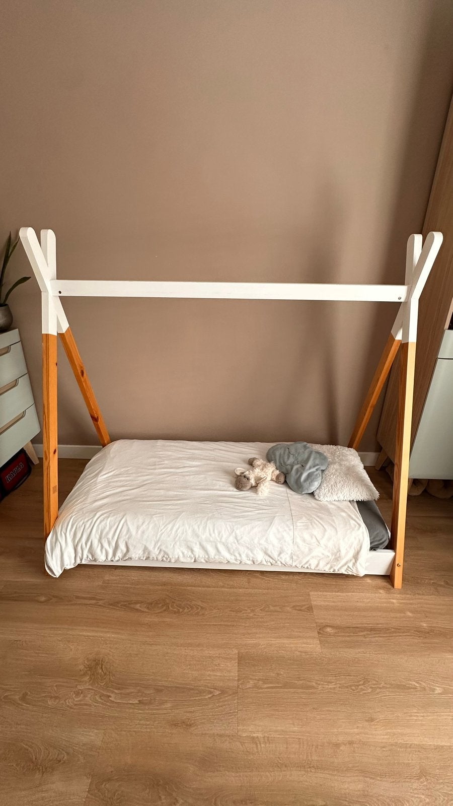 Houten tipi bed voor kinderen - Wit met naturel hout, Ophalen, Eenpersoons, Stijlvol minimalistisch design, Wit