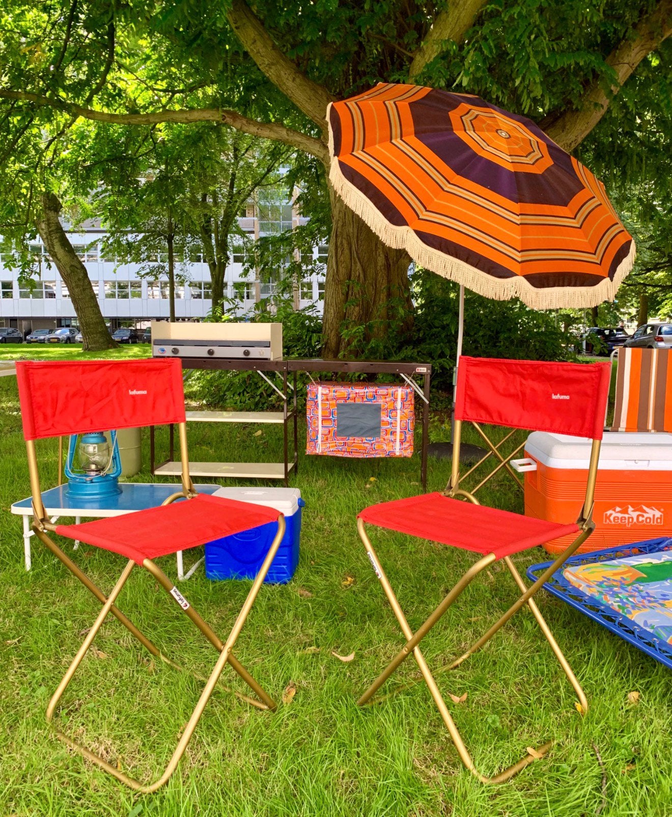 Vintage Lafuma Regisseursstoeltjes Oranje – Set van 2, Caravans en Kamperen, Ophalen of Verzenden, Zo goed als nieuw