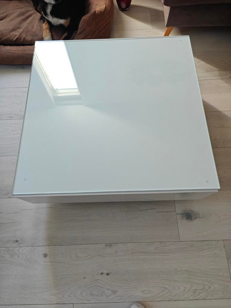 Salontafel met glazen blad en ingebouwde lade, Ophalen, Gebruikt, 50 tot 100 cm, Vierkant