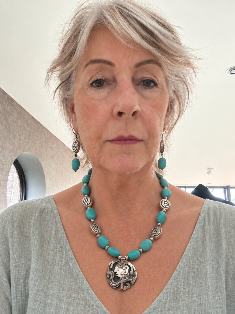 925 zilveren ketting met bijpassende oorbellen, Met hanger, Blauw, Nieuw, Ophalen of Verzenden