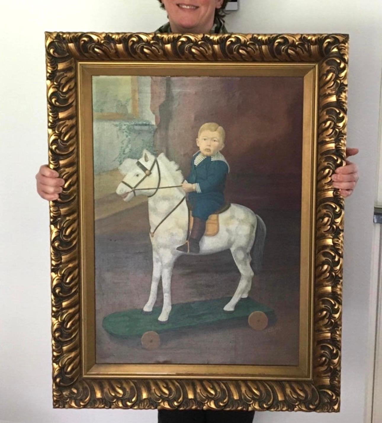 Antiek Schilderij "Jongen op Paard" (1939) - J. Geerts, Doek, Portret of Personen, Realistisch, Olieverf