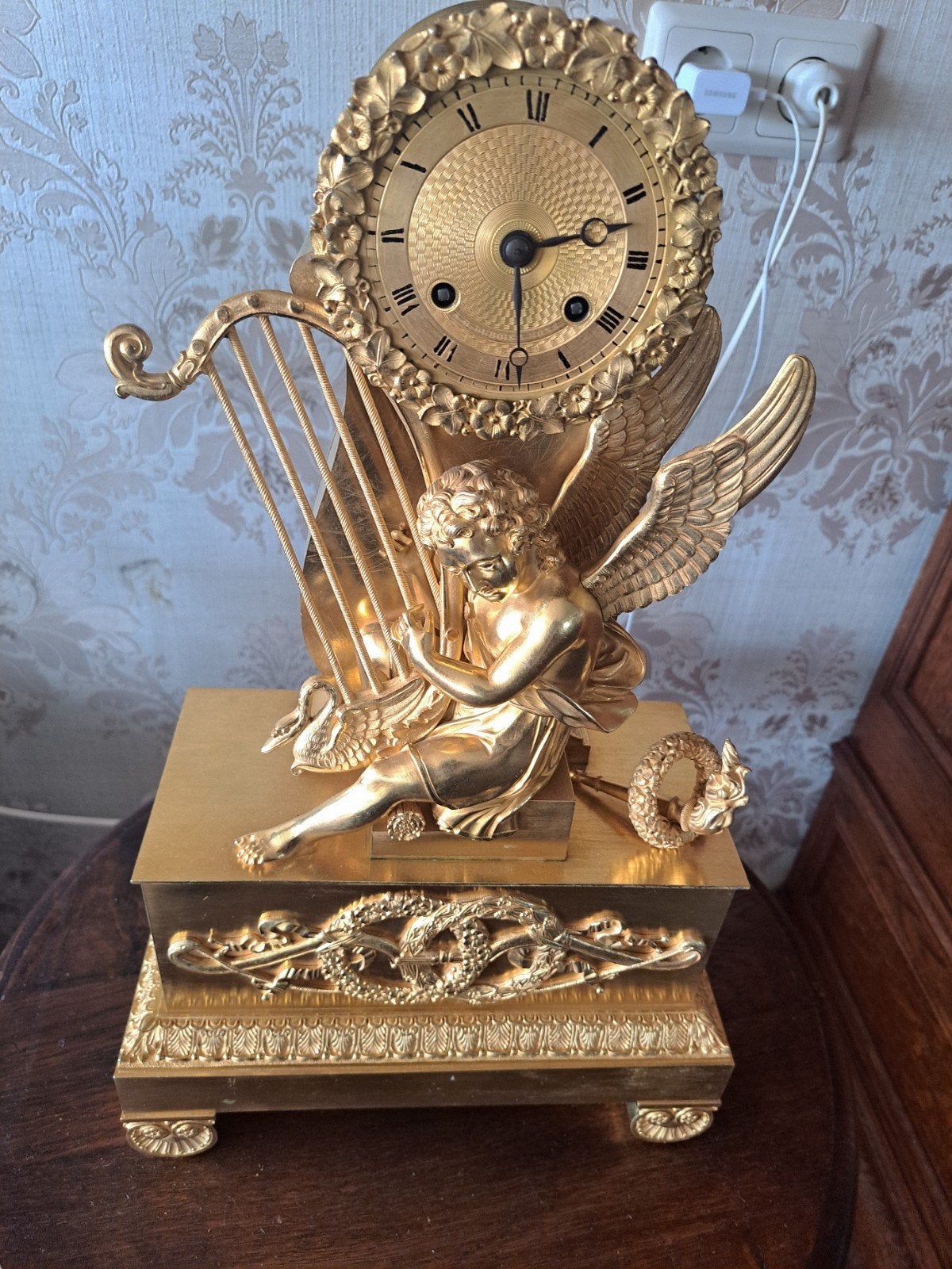 Prachtige bronzen pendule met engel en harp, werkend, Ophalen of Verzenden