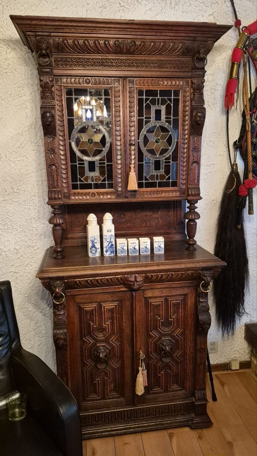 Antieke Eiken Buffetkast met Glas-in-lood, Antiek en Kunst, Ophalen