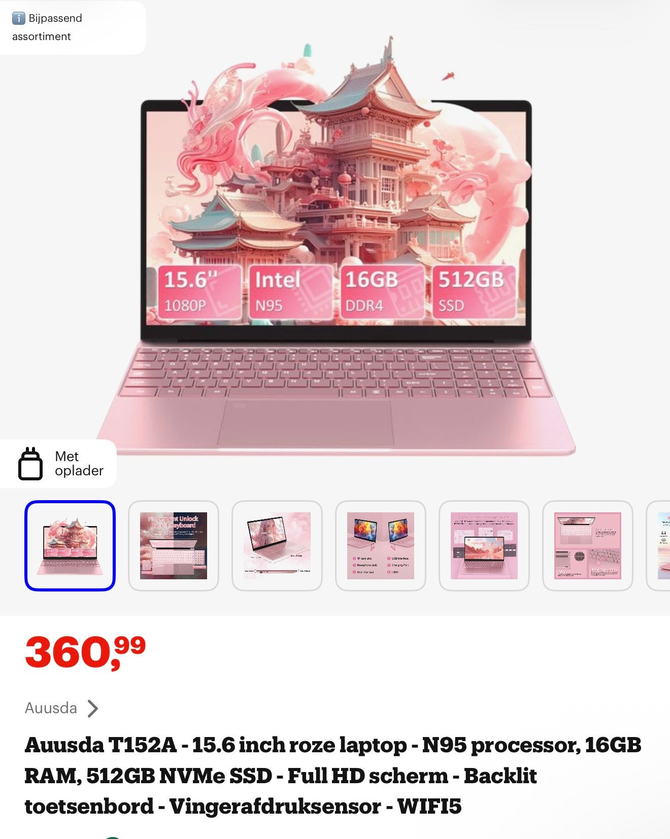 Auusda T152A - 15.6 inch roze laptop, Ophalen, Zo goed als nieuw, Roze