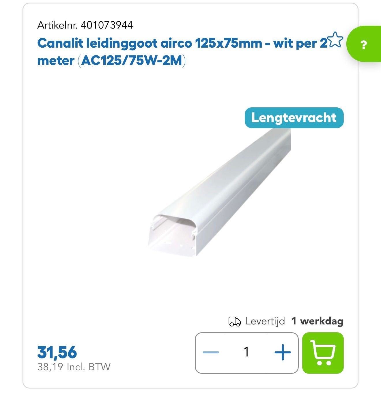 Canalit leidinggoot airco 125x75mm - wit, Ophalen of Verzenden, Nieuw, Overige typen