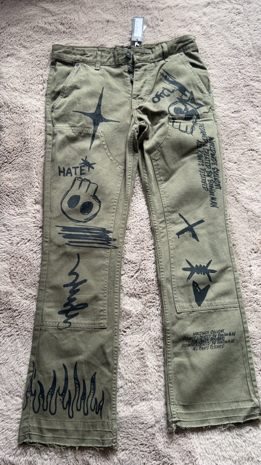 Slim Flare Twill Laser Printed Carpenter Trousers, Kleding | Heren, Ophalen of Verzenden, Zo goed als nieuw, Maat 46 (S) of kleiner
