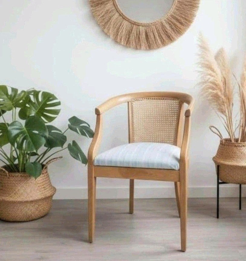 Japandi Comfortabele Armstoel met Rotan en Nieuwe Stoffering, Ophalen, Hout, Overige kleuren, Japandi, Scandinavisch, Boho, Landelijk, Vintage