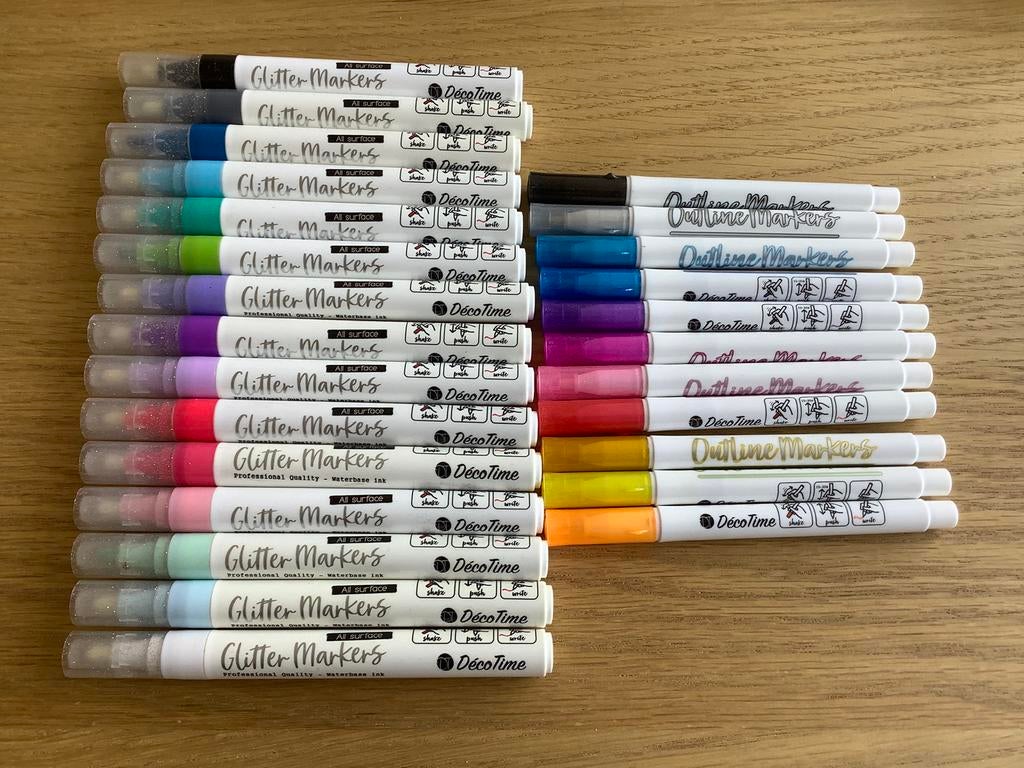 Deco time stiften glitter markers en outline markers, Hobby en Vrije tijd, Ophalen of Verzenden, Zo goed als nieuw, Potlood of Stift