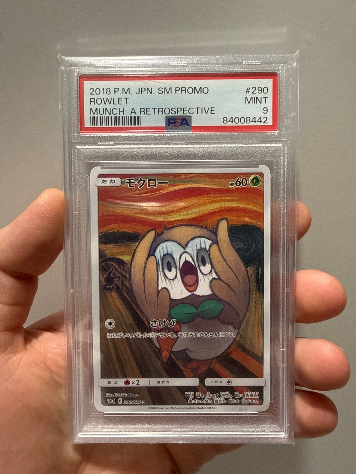 Rowlet Munch The Scream PSA 9 Pokémon Kaart, Ophalen of Verzenden, Zo goed als nieuw, Losse kaart