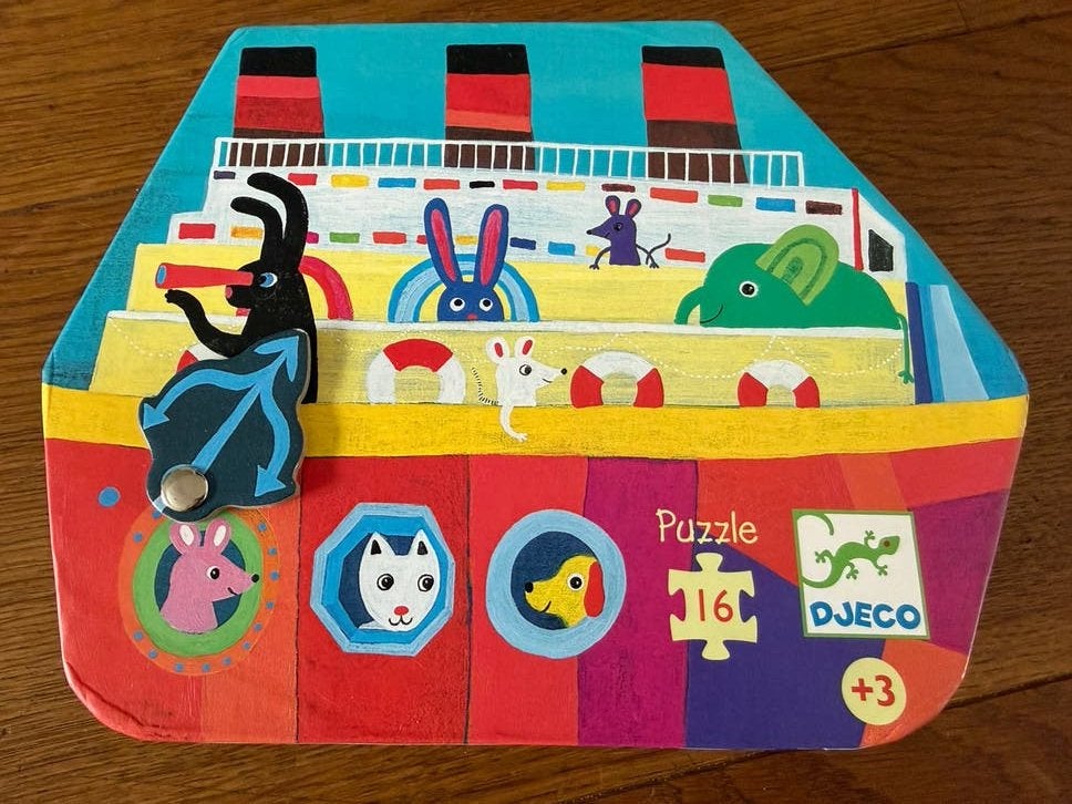 Djeco Puzzel Boot met Dieren - 16 Stukjes, Ophalen, 2 tot 4 jaar, Gebruikt, 10 tot 50 stukjes