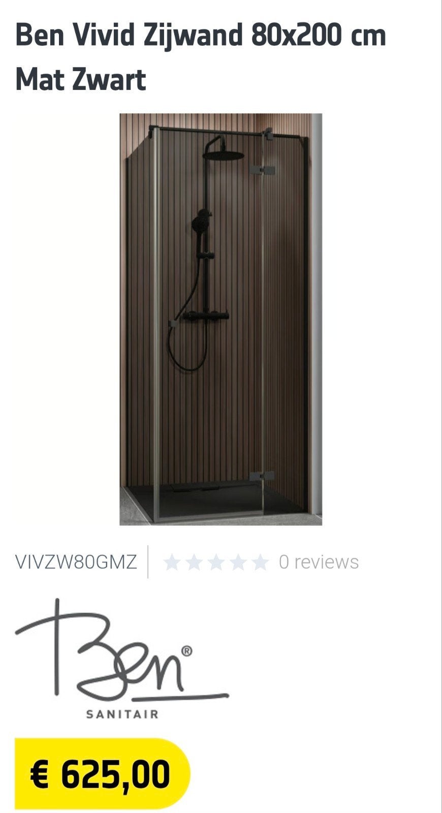 Ben Vivid zijwand 80x200 cm mat zwart, Huis en Inrichting, Badkamer | Complete badkamers, Nieuw, Ophalen