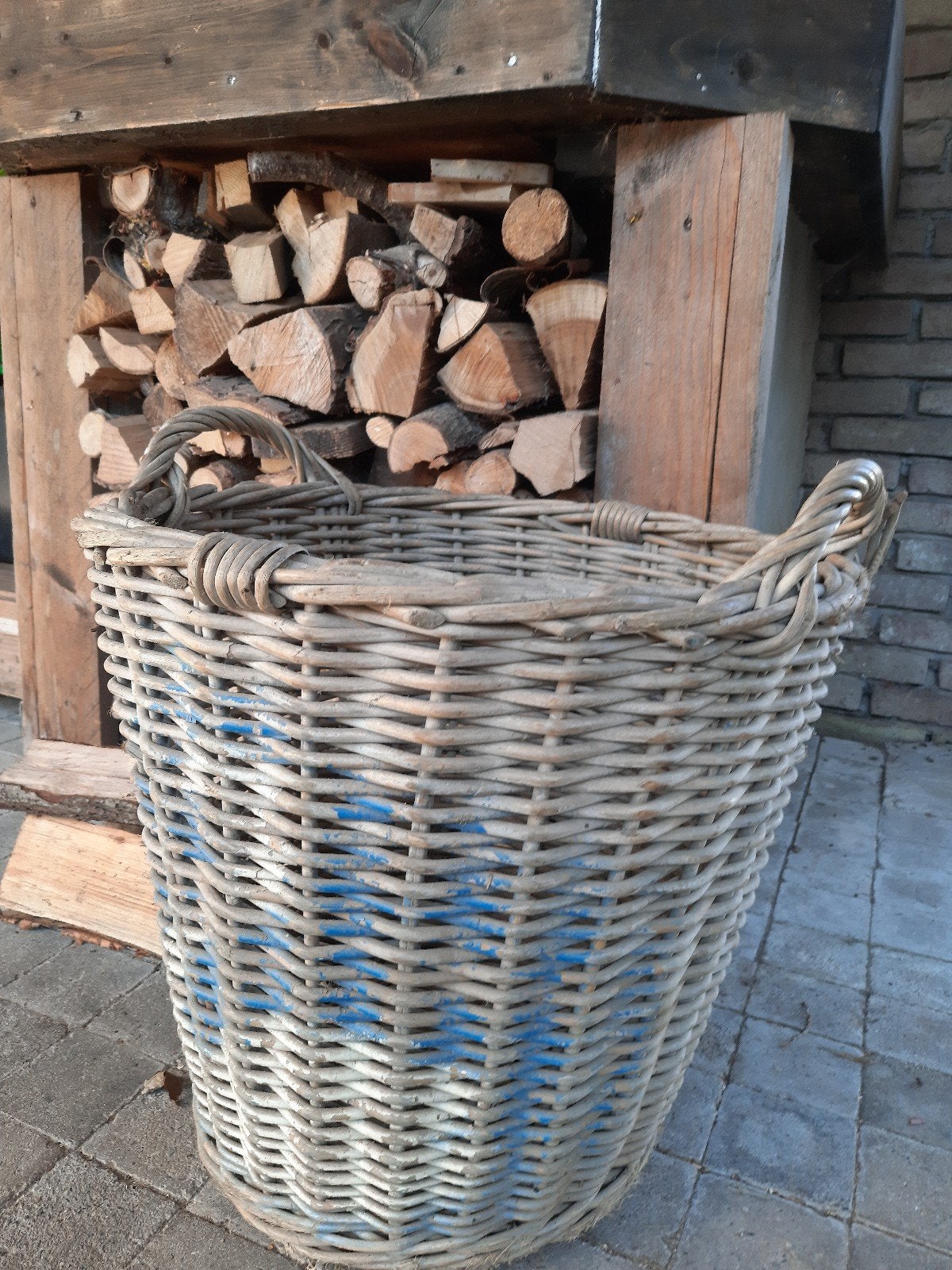 Oude rieten mand industrieel vergrijsd grote mand stoer, Ophalen, Gebruikt, Rond, Riet