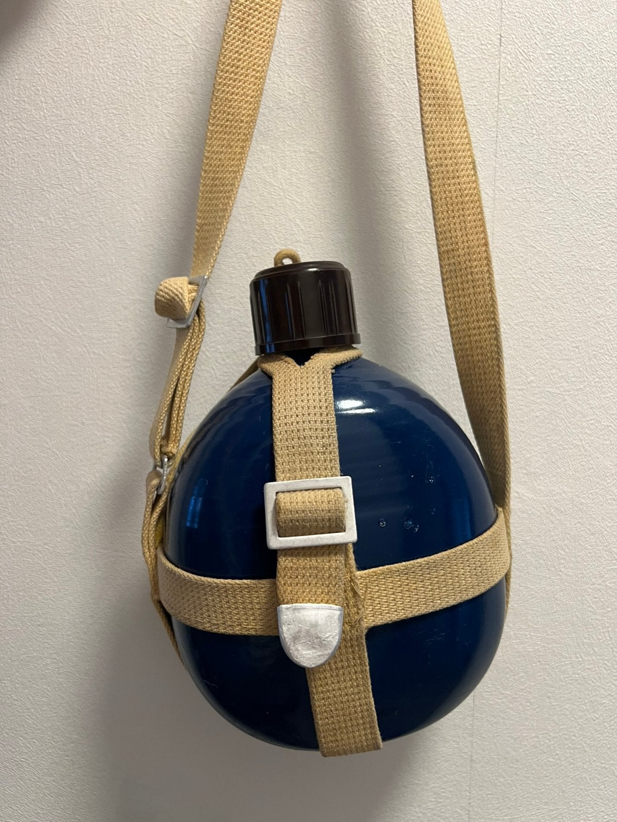 Vintage blauwe veldfles met canvas draagriem – Retro look, Ophalen of Verzenden