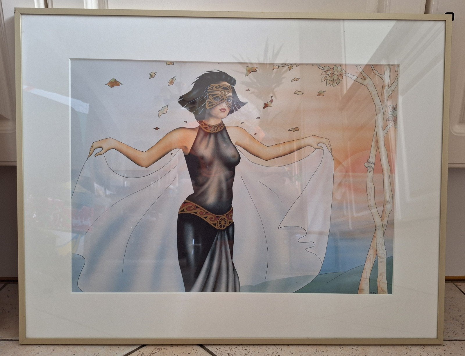 Ingelijste Print: licht erotische dame met Masker en Witte, Ophalen, Print, Print/reproductie, Achter glas