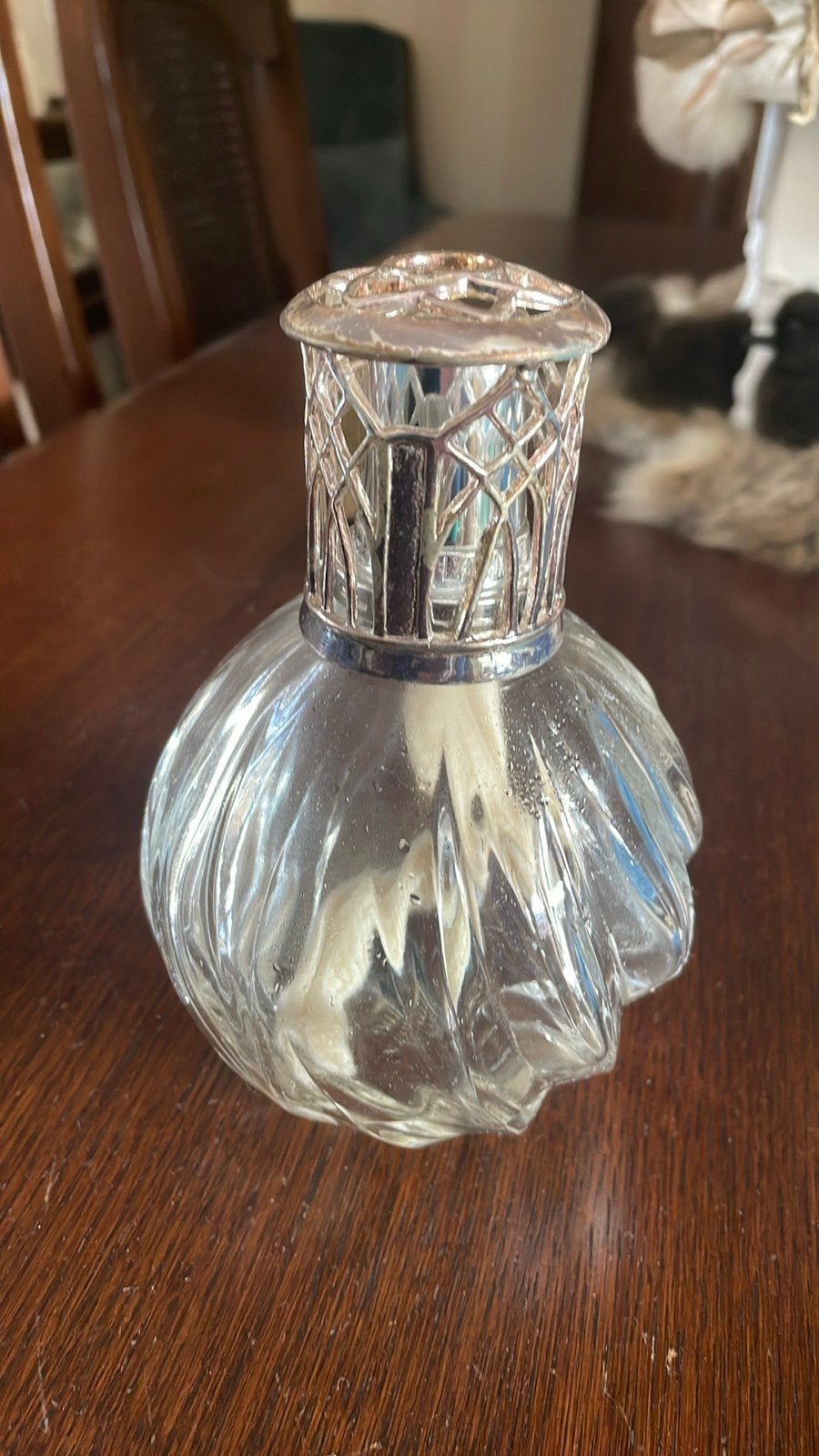 Lampe Berger met sierdop - Glas, Ophalen of Verzenden, Gebruikt, Zilver, Glas