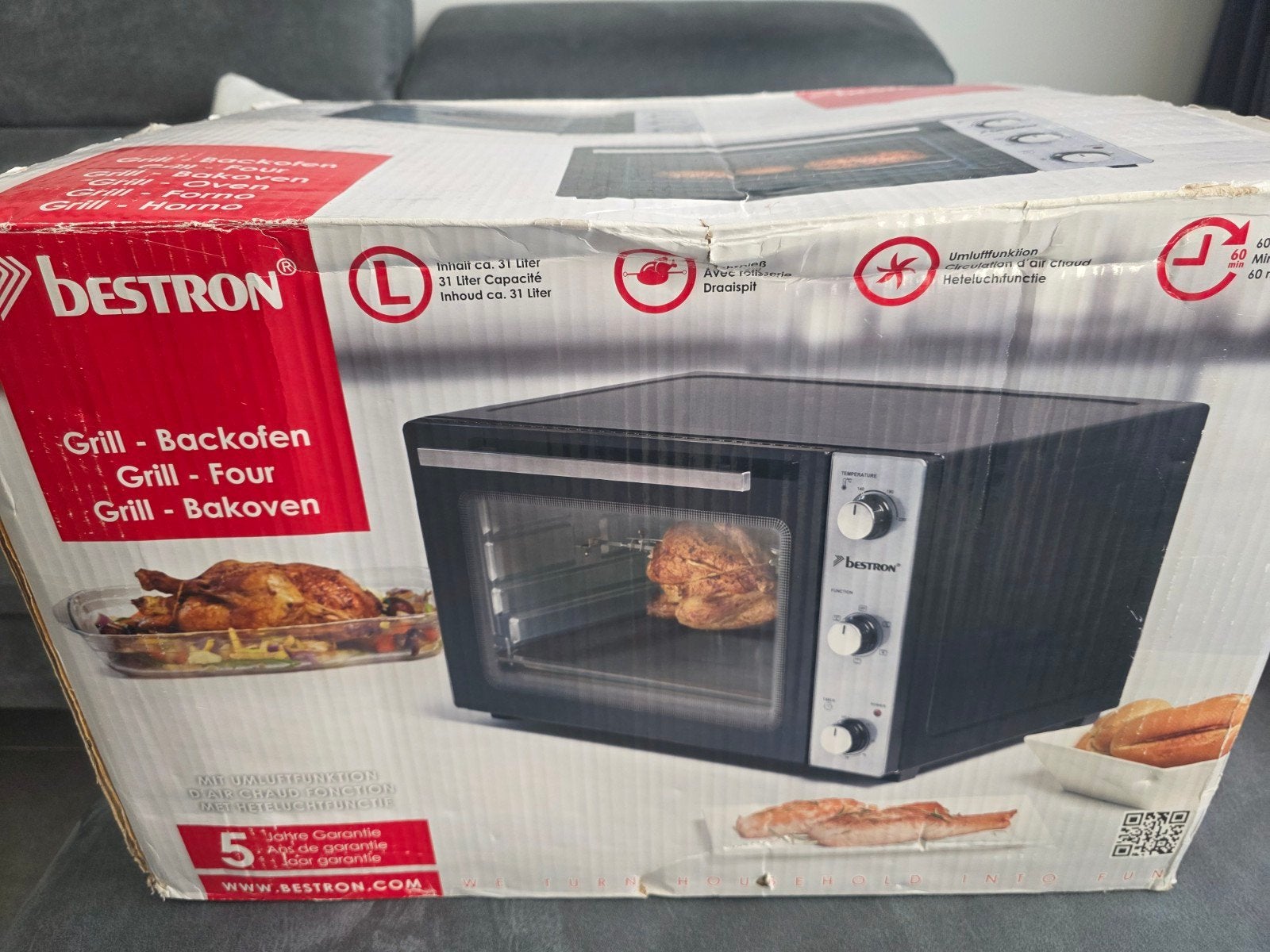 Bestron 1500W Heteluchtoven met Draaispit 31 Liter, Minder dan 45 cm, Overige merken, Hete lucht, Nieuw