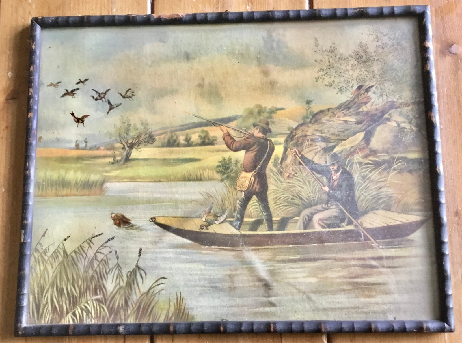 ANTIEK SCHILDERIJ MET PRINT VAN EEN GANZENJACHT, Minder dan 50 cm, Gebruikt, Ophalen of Verzenden, Print