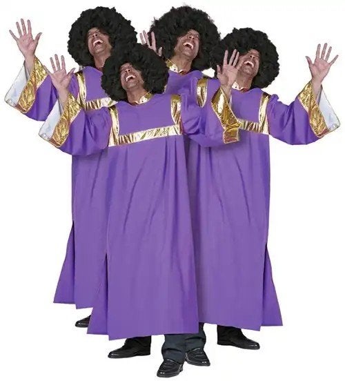 Gospelkoor Kostuum - Paars Gewaad met Afro Pruik, Maat 42/44 (L), Ophalen of Verzenden, Kleding, Gedragen