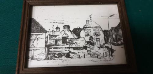 tekening ingelijst oude gebouwen, Huis en Inrichting, Woonaccessoires | Schilderijen, Tekeningen en Foto's, Ophalen of Verzenden