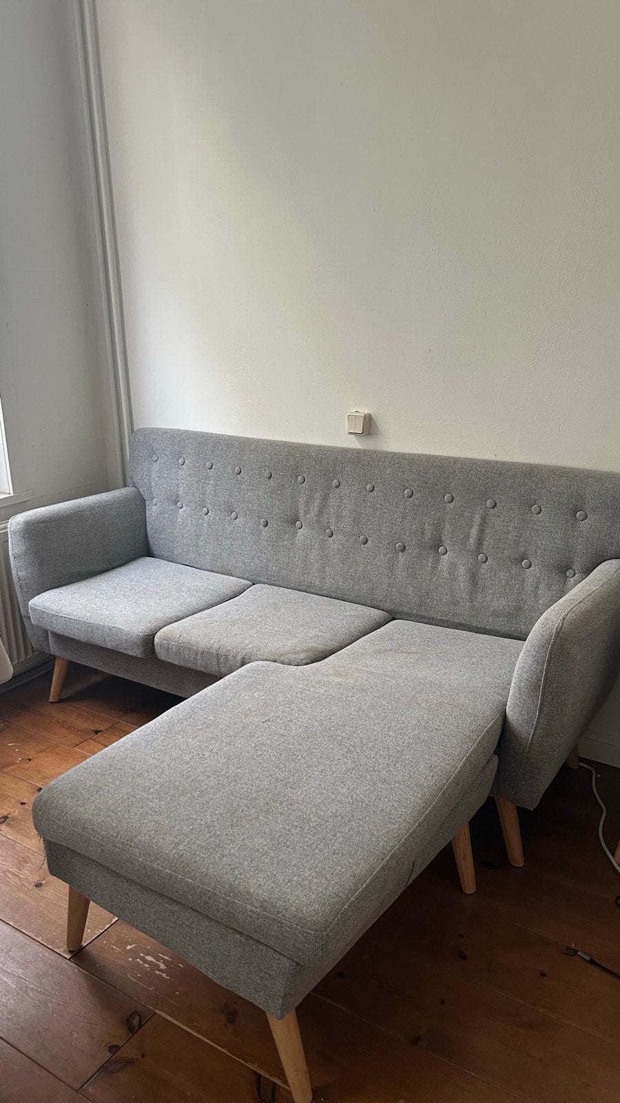 Grijze hoekbank met chaise longue - Gebruikt, Ophalen, Gebruikt, 125 tot 150 cm, Hoekbank