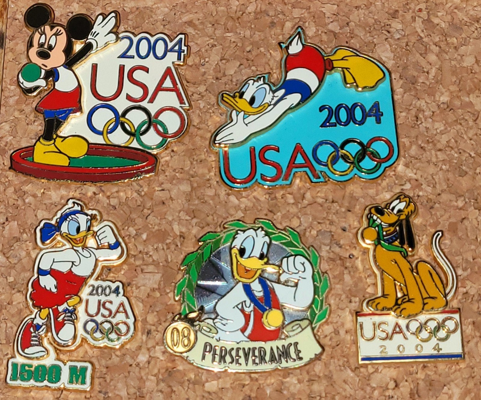 Vijf speciale pin-op-pin Olympische Disney pins Athene 2004, Verzamelen, Verzenden, Donald Duck, Zo goed als nieuw, Overige typen