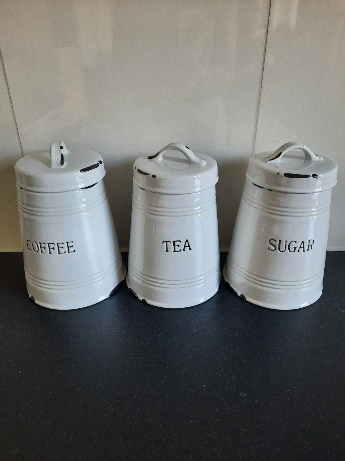 Set van 3 vintage voorraadbussen: Koffie, Thee, Suiker, Gebruikt, Ophalen of Verzenden, Voorraadpot, Steen/keramiek