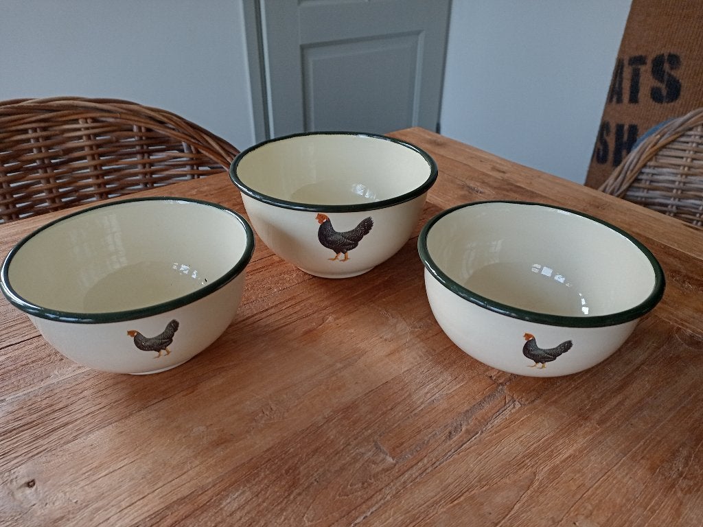 3 emaille schaaltjes creme met  kip, Ophalen of Verzenden