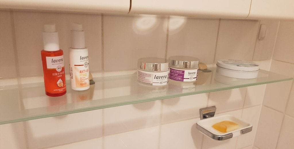 zwevend plankje glazen planchet badkamer toilet plank glas, Huis en Inrichting, Ophalen, Gebruikt, Overige kleuren, Overige typen