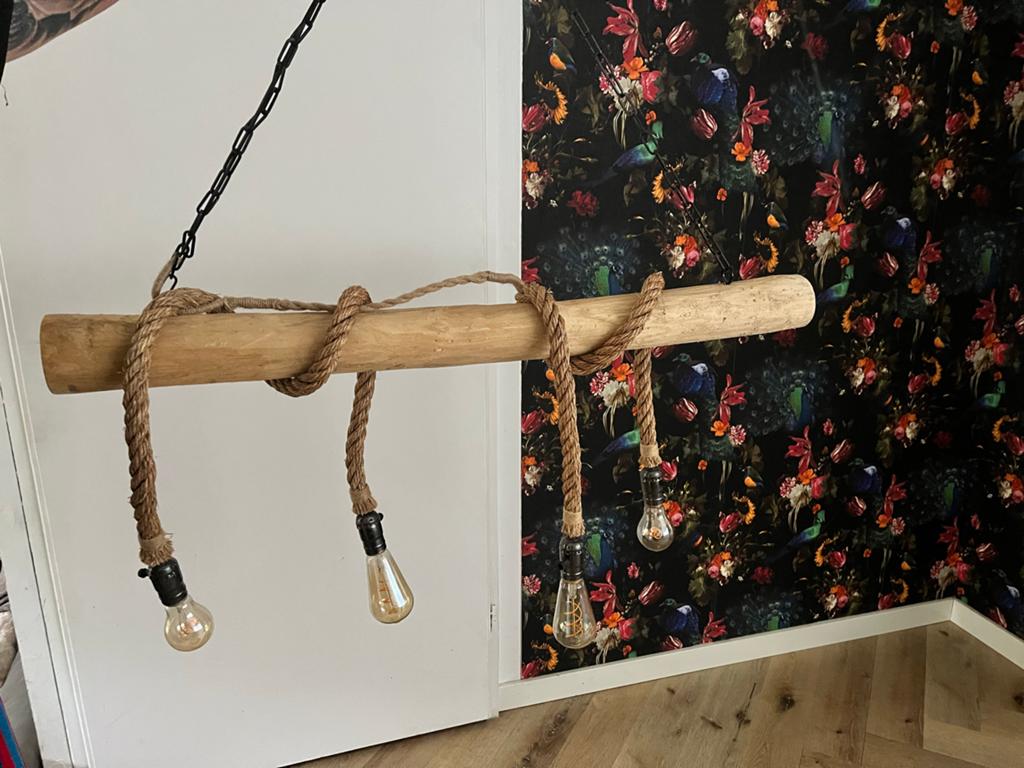 Unieke houten hanglamp met touw en Edison bollen, Ophalen, Zo goed als nieuw, Hout