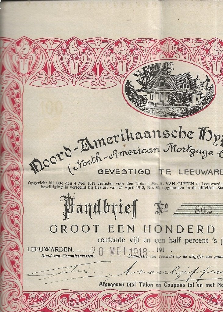 Leeuwarden Noord Amerikaansch Hypotheek Pandbrief 20 mei 16, Verzamelen, Ophalen of Verzenden, Voor 1920, Gelopen, Friesland