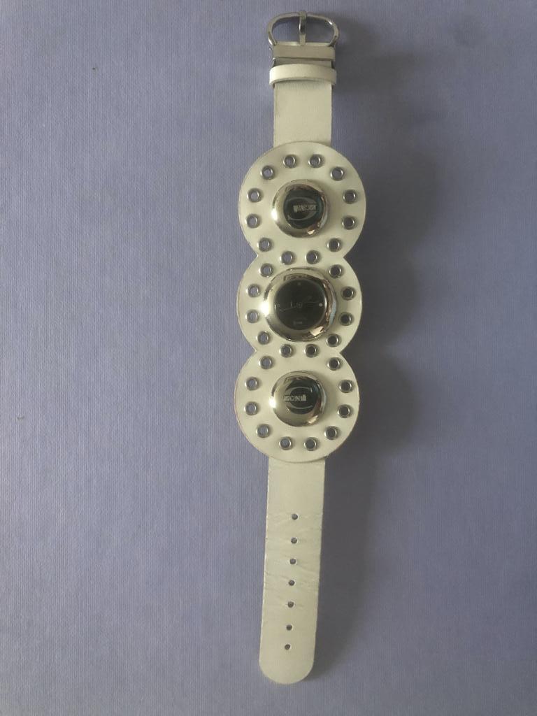 JUST CAVALLI armband-horloge wit leer met speelse wijzers, Ophalen of Verzenden, Gebruikt, Zilver, Leer